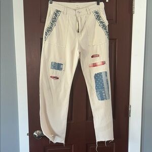POL Cream Patchwork Pants with Blue and Red Accents